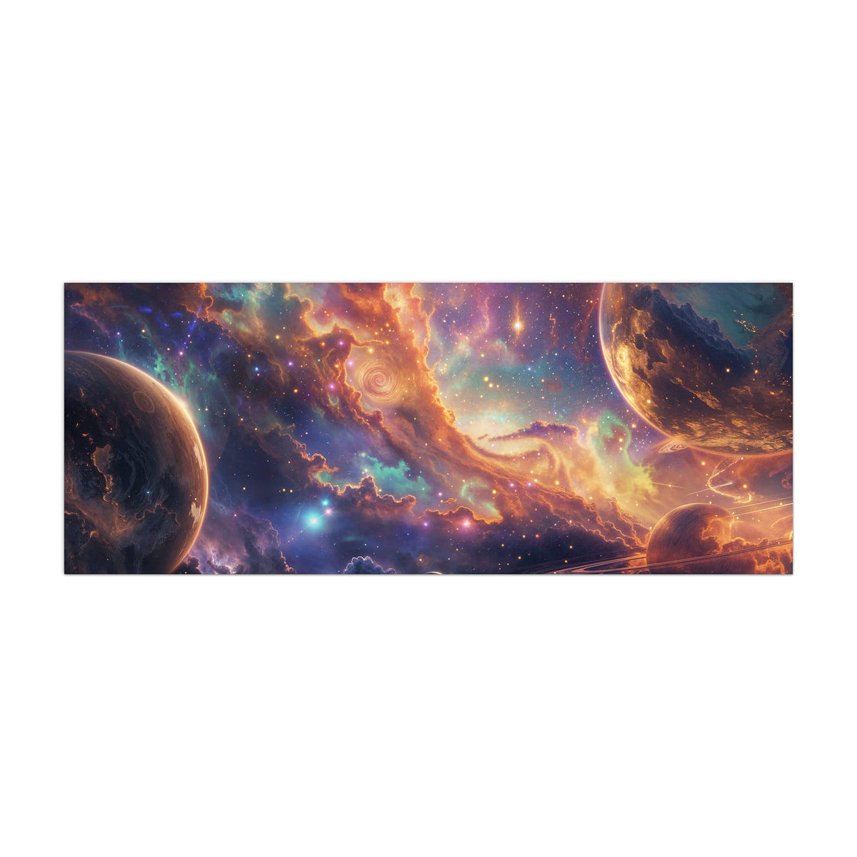 Küchenrückwand aus Glas Ringplaneten in Gold im Hochformat, Motiv bildfüllend von vorn