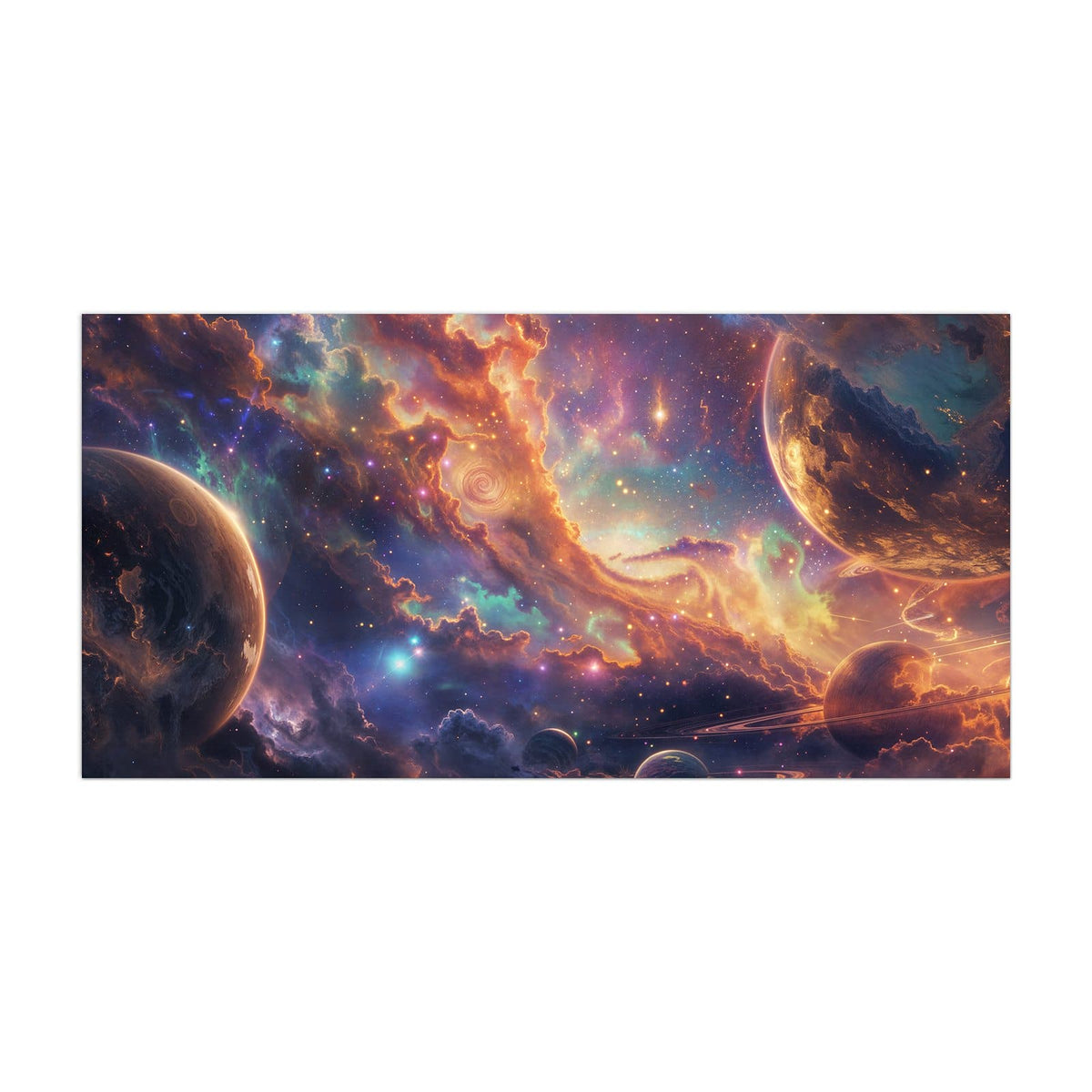 Küchenrückwand aus Glas Ringplaneten in Gold im Hochformat, Motiv bildfüllend von vorn