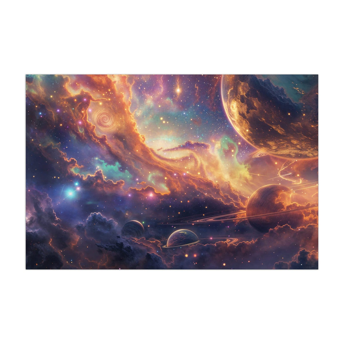 Küchenrückwand aus Glas Ringplaneten in Gold im Hochformat, Motiv bildfüllend von vorn
