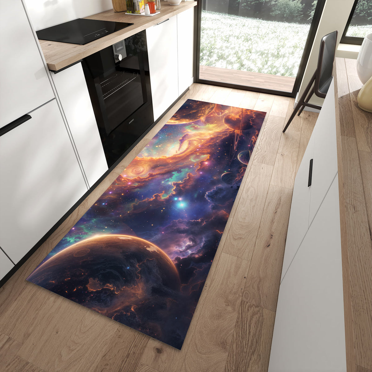Pflegeleichter Küchenteppich mit Motiv Galaxie Fantasy in moderner Küche