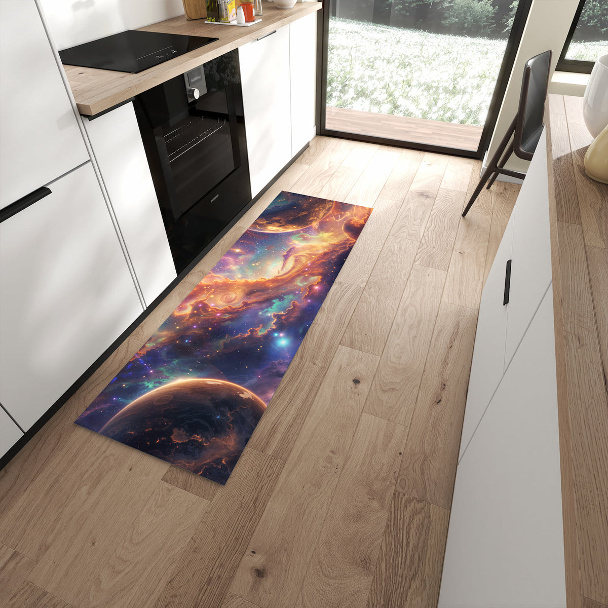 Geräuschdämpfender Läufer mit Motiv Galaxie Fantasy für Eingangsbereich in moderner Küche