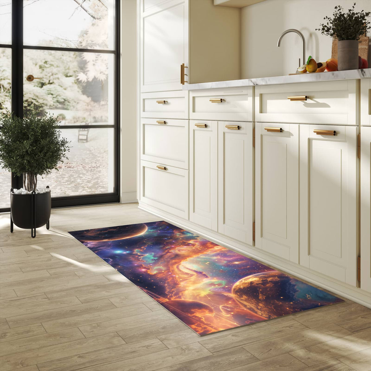Küchenteppich mit Motiv Galaxie Fantasy für Ordnung in heller Küche