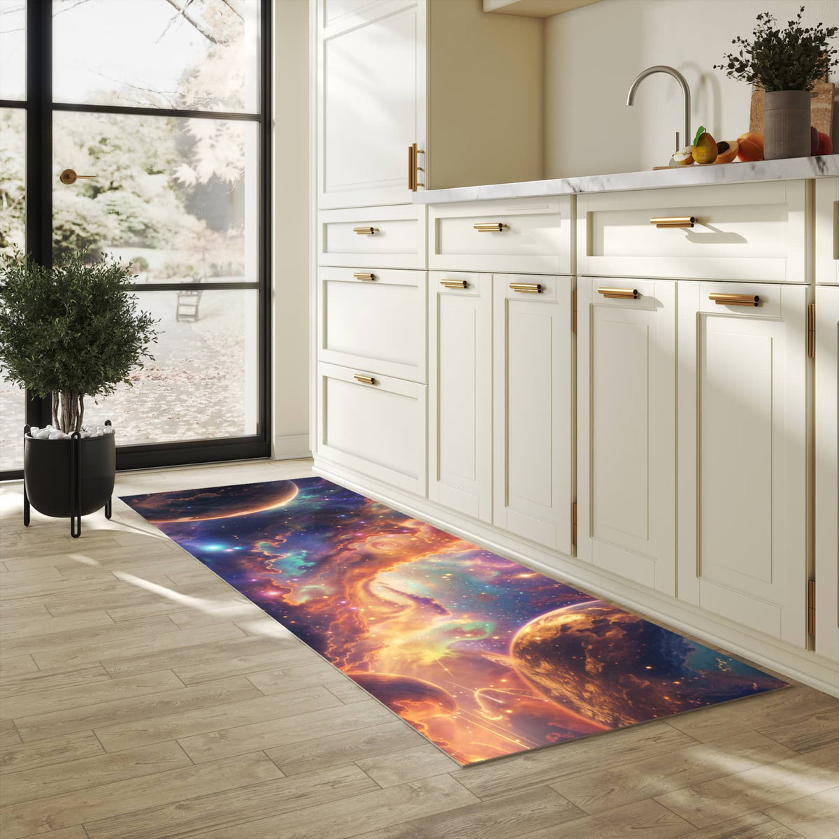 Bodenschonender Küchenteppich mit Motiv Galaxie Fantasy in heller Küche