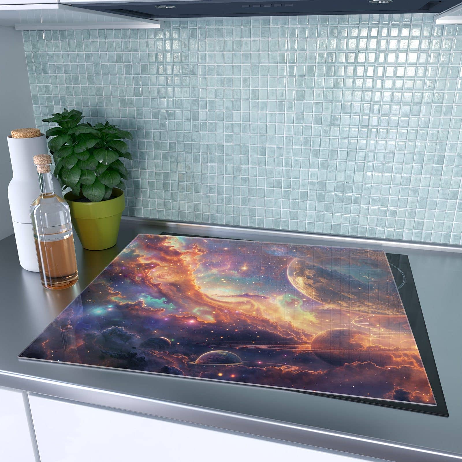 1-teilige Herdabdeckung für Induktionsfeld mit Galaxie Fantasy-Motiv auf dem Ceranfeld