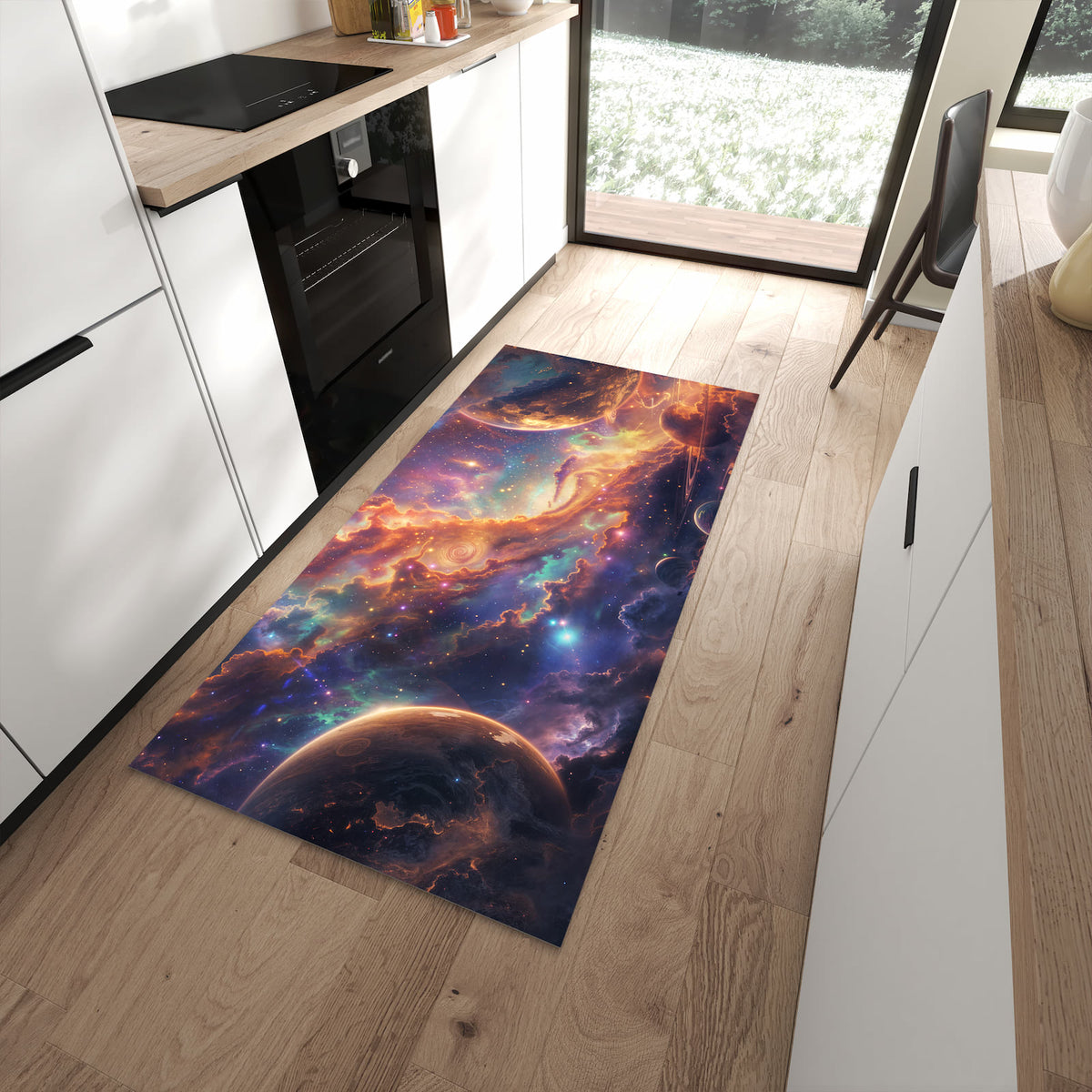 Flacher Bodenläufer mit Motiv Galaxie Fantasy in moderner Küche
