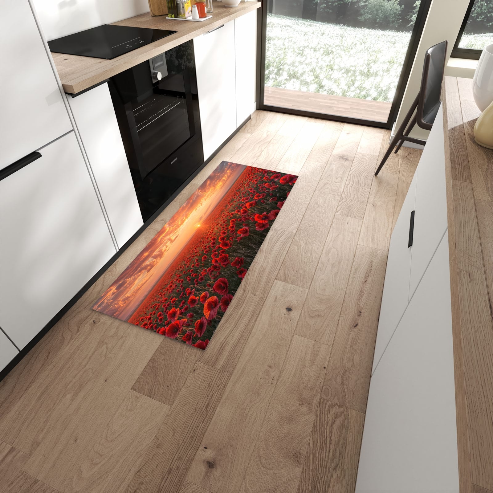Küchenteppich mit Motiv Mohnfeld Sonnenuntergang für angenehme Haptik in moderner Küche #grösse_60 x 150 cm