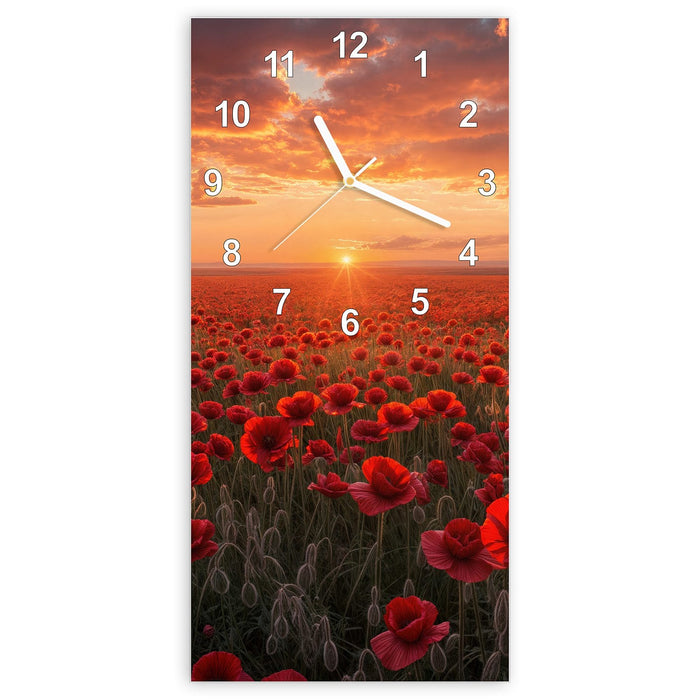 Wanduhr Mohnfeld Sonnenuntergang aus Glas – Hochformat 30 × 60 cm mit Ziffernblatt Modern