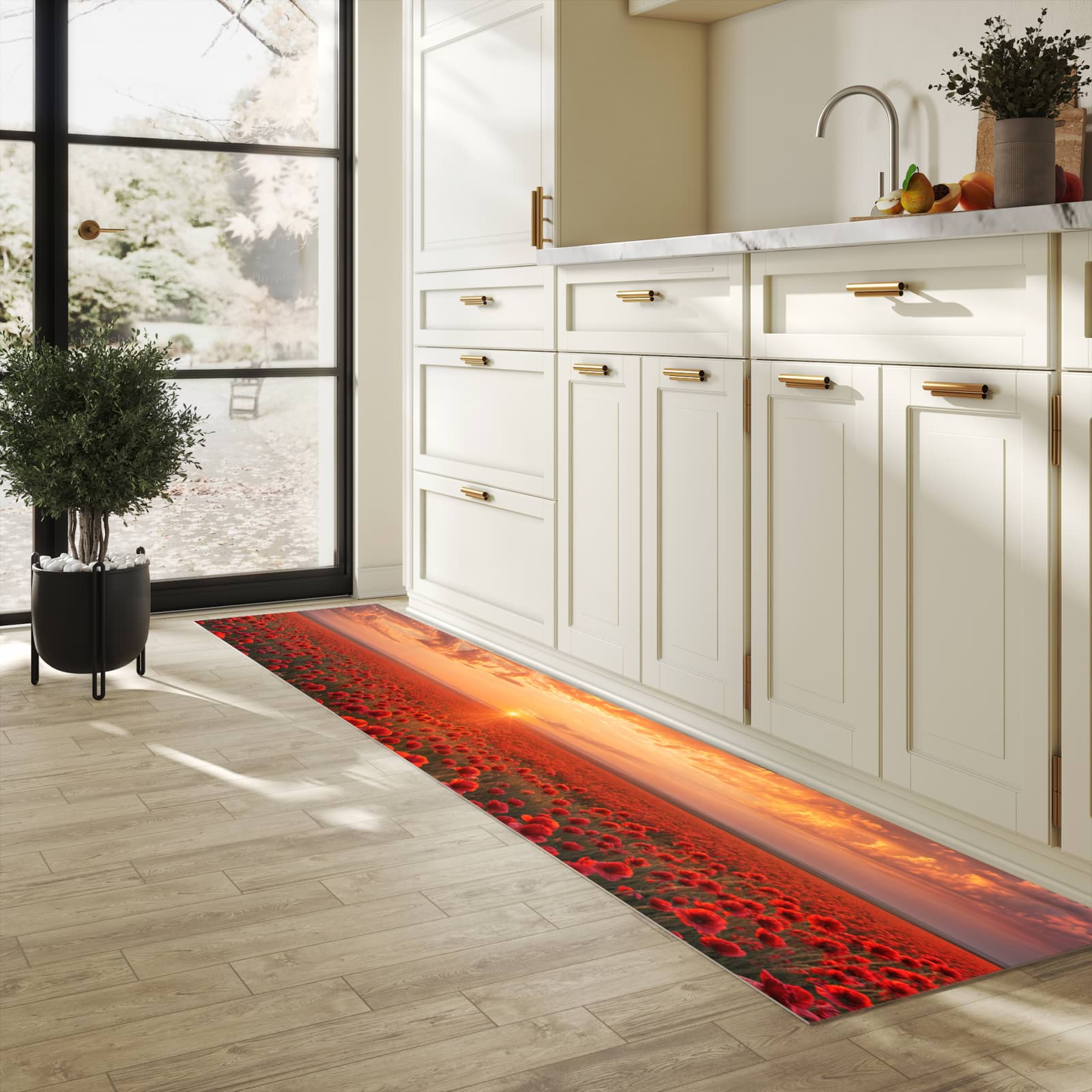 Geruchsneutraler rutschfester Küchenläufer mit Motiv Mohnfeld Sonnenuntergang in heller Küche