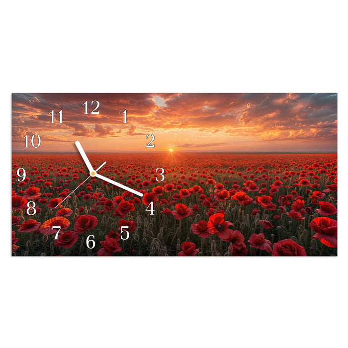 Wanduhr Mohnfeld Sonnenuntergang aus Glas – Querformat 60 × 30 cm mit Ziffernblatt Klassisch