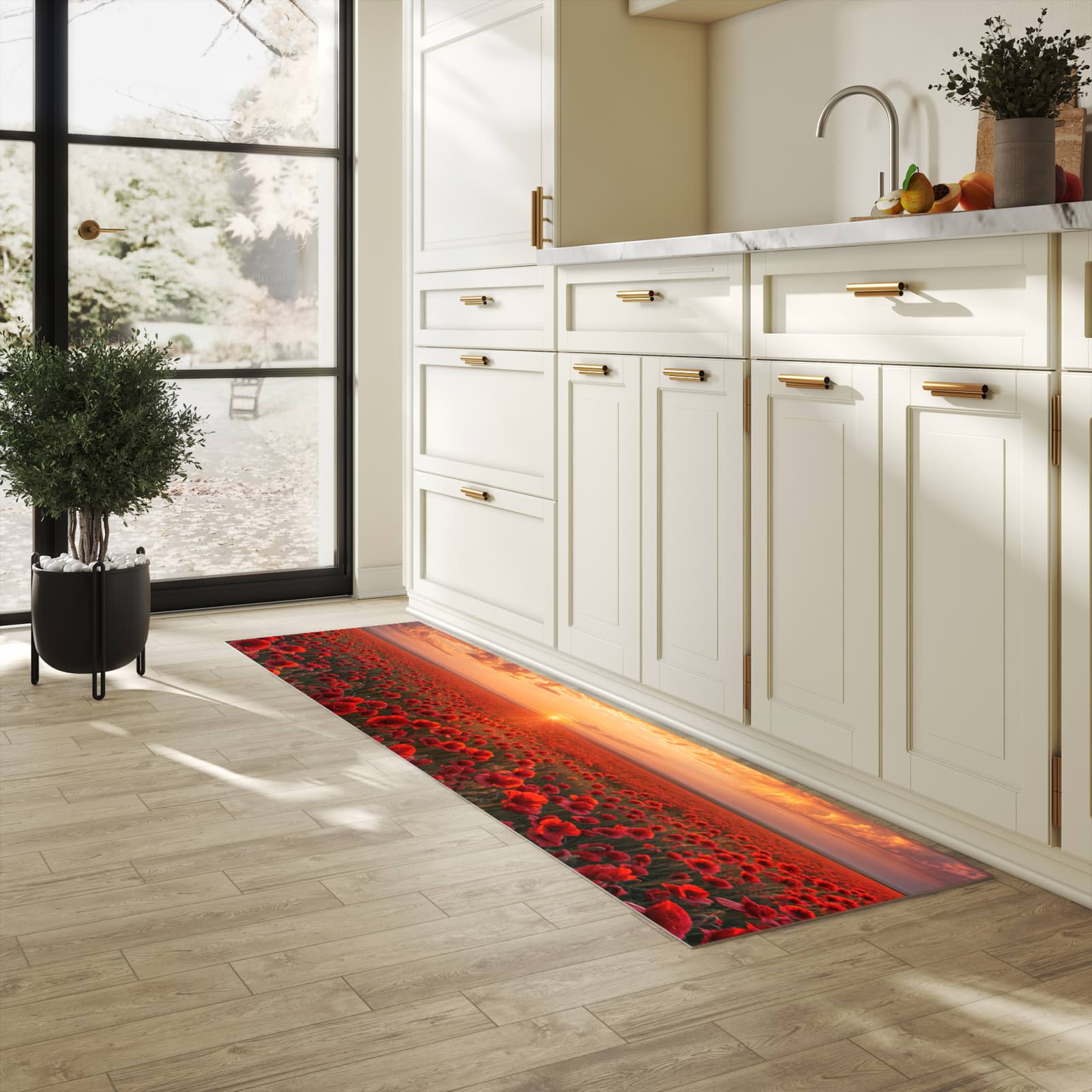 Fleckenresistenter Küchenläufer mit Motiv Mohnfeld Sonnenuntergang in heller Küche