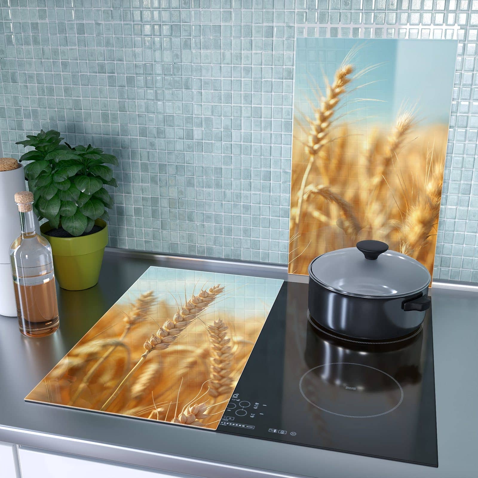 2-teilige Abdeckplatten mit Sanfte Weizenfeld-Motiv als Spritzschutz hinter dem Kochfeld