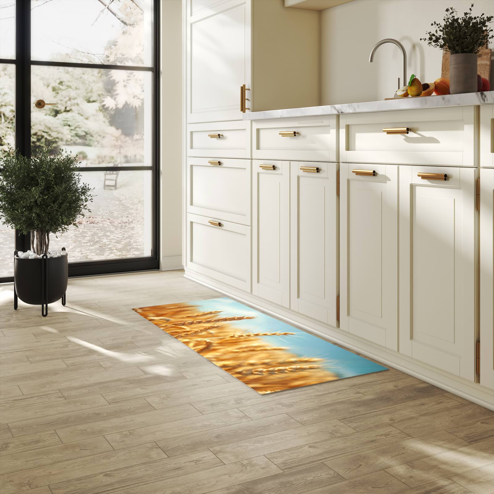 Langlebiger Teppich für Esstisch mit Motiv Sanfte Weizenfeld in heller Küche, waschbar