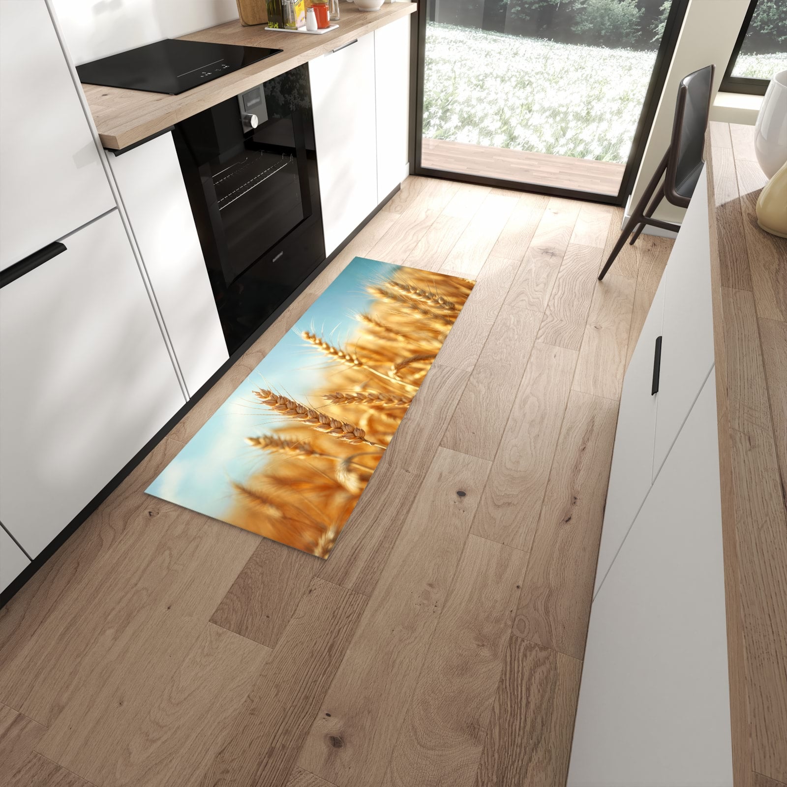 Abriebfester rutschfester Küchenläufer mit Motiv Sanfte Weizenfeld in moderner Küche #grösse_60 x 150 cm