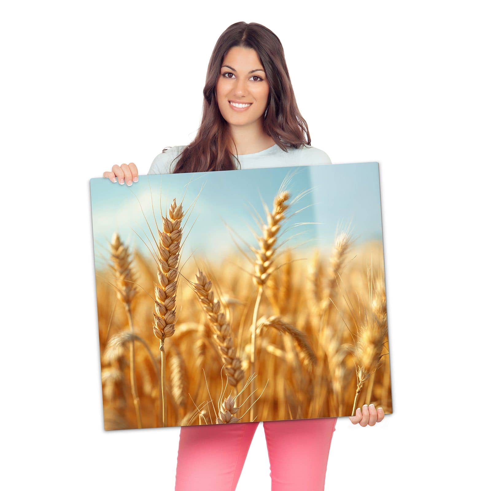 Glasplatte für Herd mit Sanfte Weizenfeld-Motiv wird zur Größendarstellung gehalten