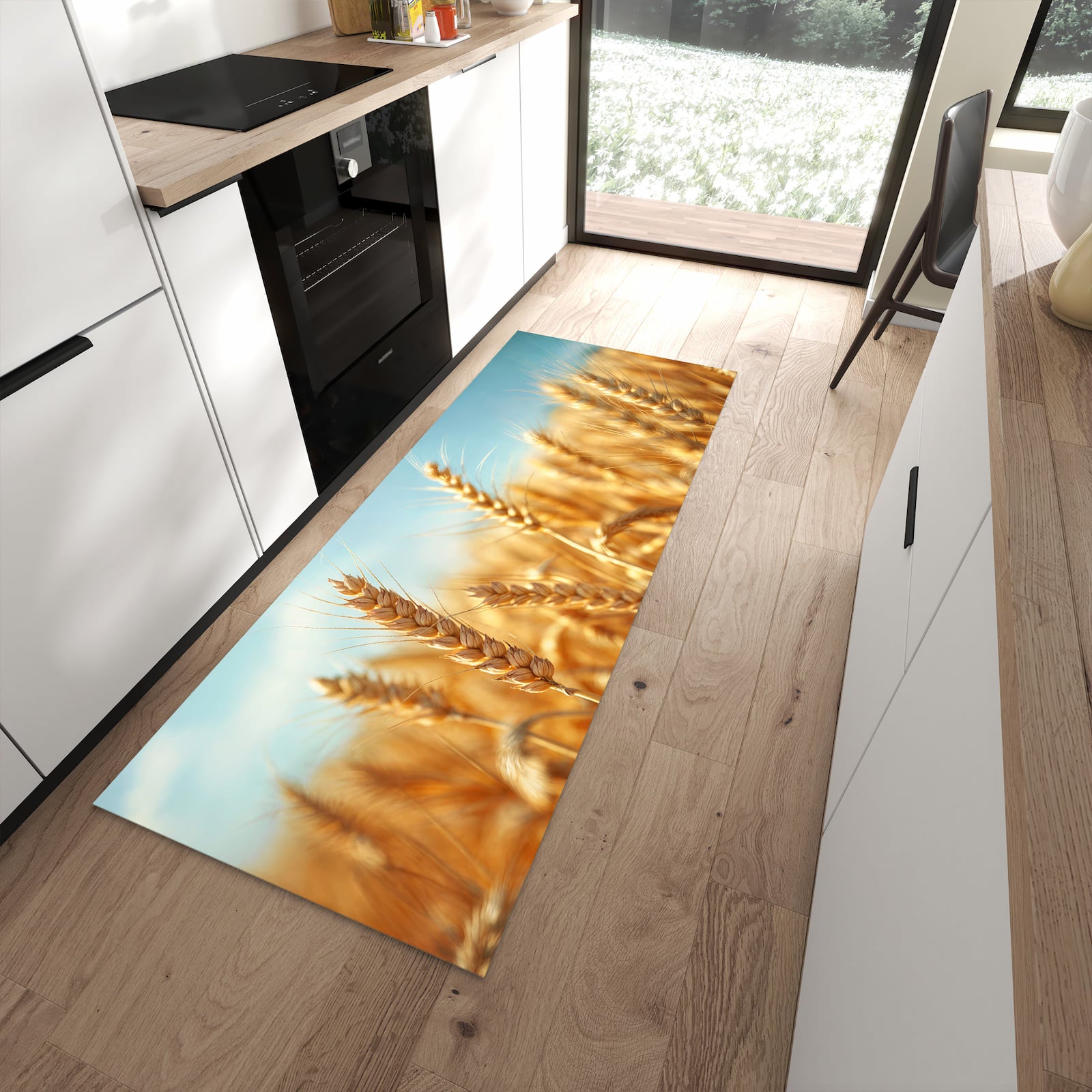 Geruchsneutraler abwaschbarer Küchenteppich mit Motiv Sanfte Weizenfeld in moderner Küche