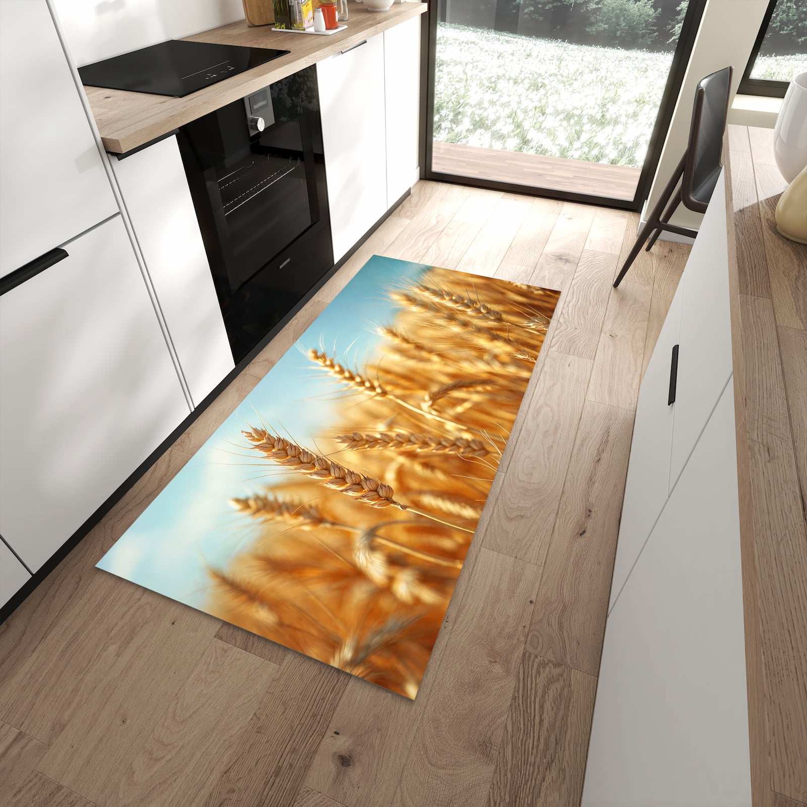 Komfortabler Küchenteppich mit Motiv Sanfte Weizenfeld in moderner Küche