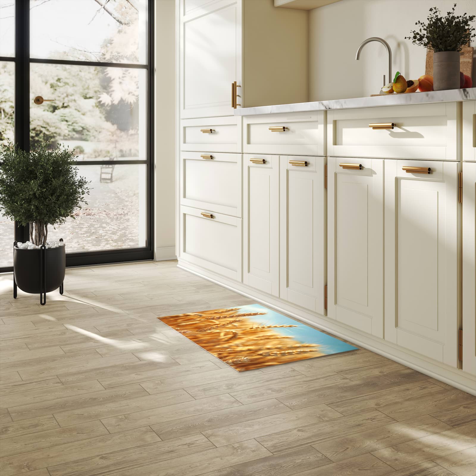 Bodenschonender waschbarer Küchenteppich mit Motiv Sanfte Weizenfeld in heller Küche