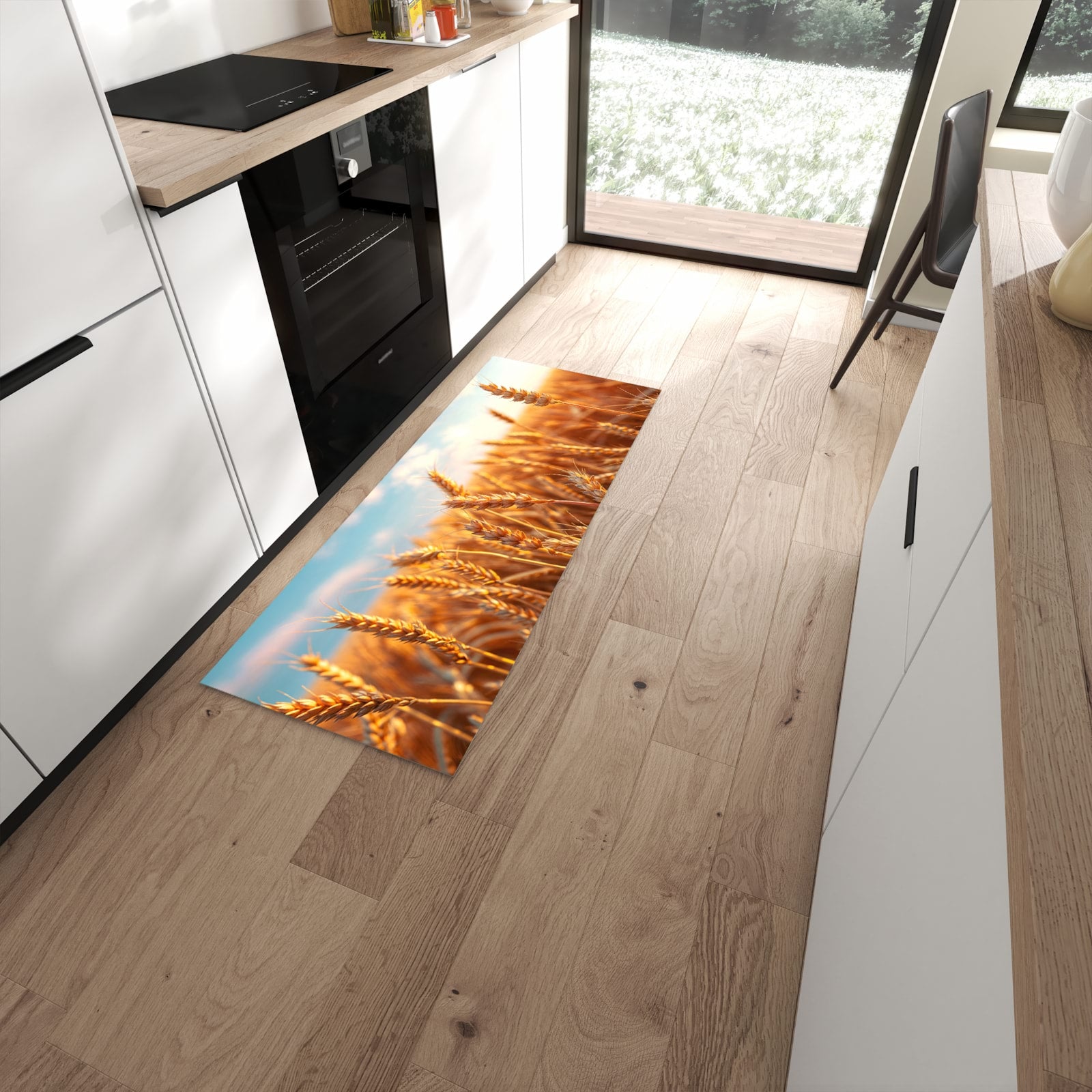 Strapazierfähiger Küchenteppich mit Motiv Weizenfeld Sonnenuntergang in moderner Küche #grösse_60 x 150 cm
