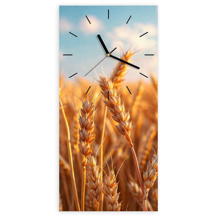 Wanduhr Weizenfeld Sonnenuntergang aus Glas – Hochformat 30 × 60 cm mit Ziffernblatt Linie