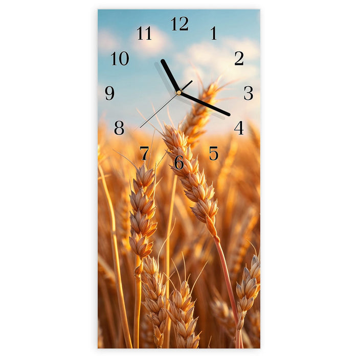 Wanduhr Weizenfeld Sonnenuntergang aus Glas – Hochformat 30 × 60 cm mit Ziffernblatt Klassisch