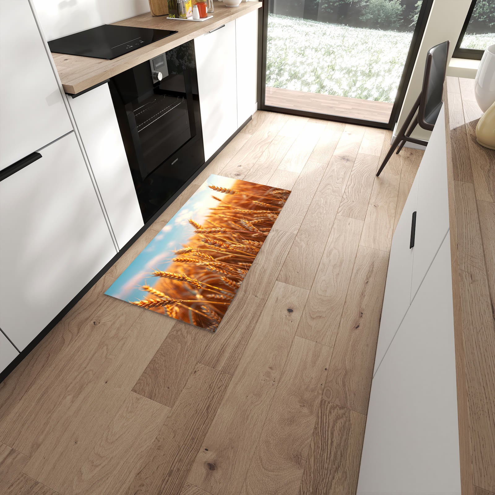 Hygienischer rutschfester Küchenteppich mit Motiv Weizenfeld Sonnenuntergang in moderner Küche #grösse_60 x 120 cm