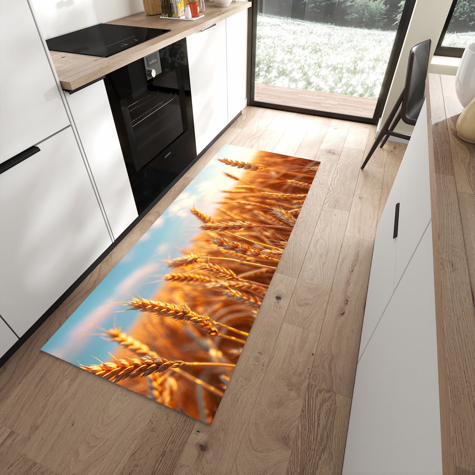 Küchenteppich mit Motiv Weizenfeld Sonnenuntergang für Ordnung in moderner Küche