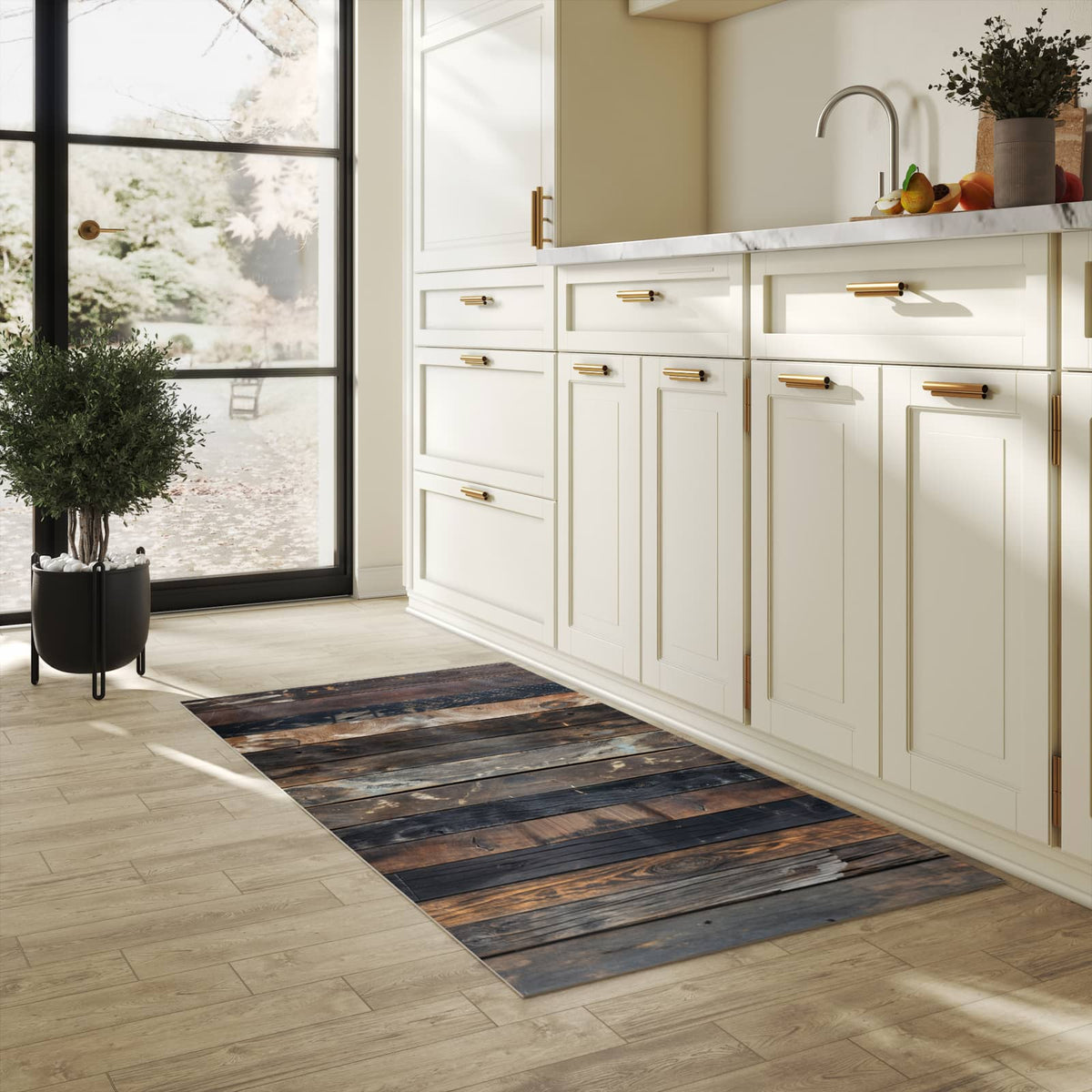 UV-beständiger Küchenläufer mit Motiv Rustikale Holzplanken in heller Küche