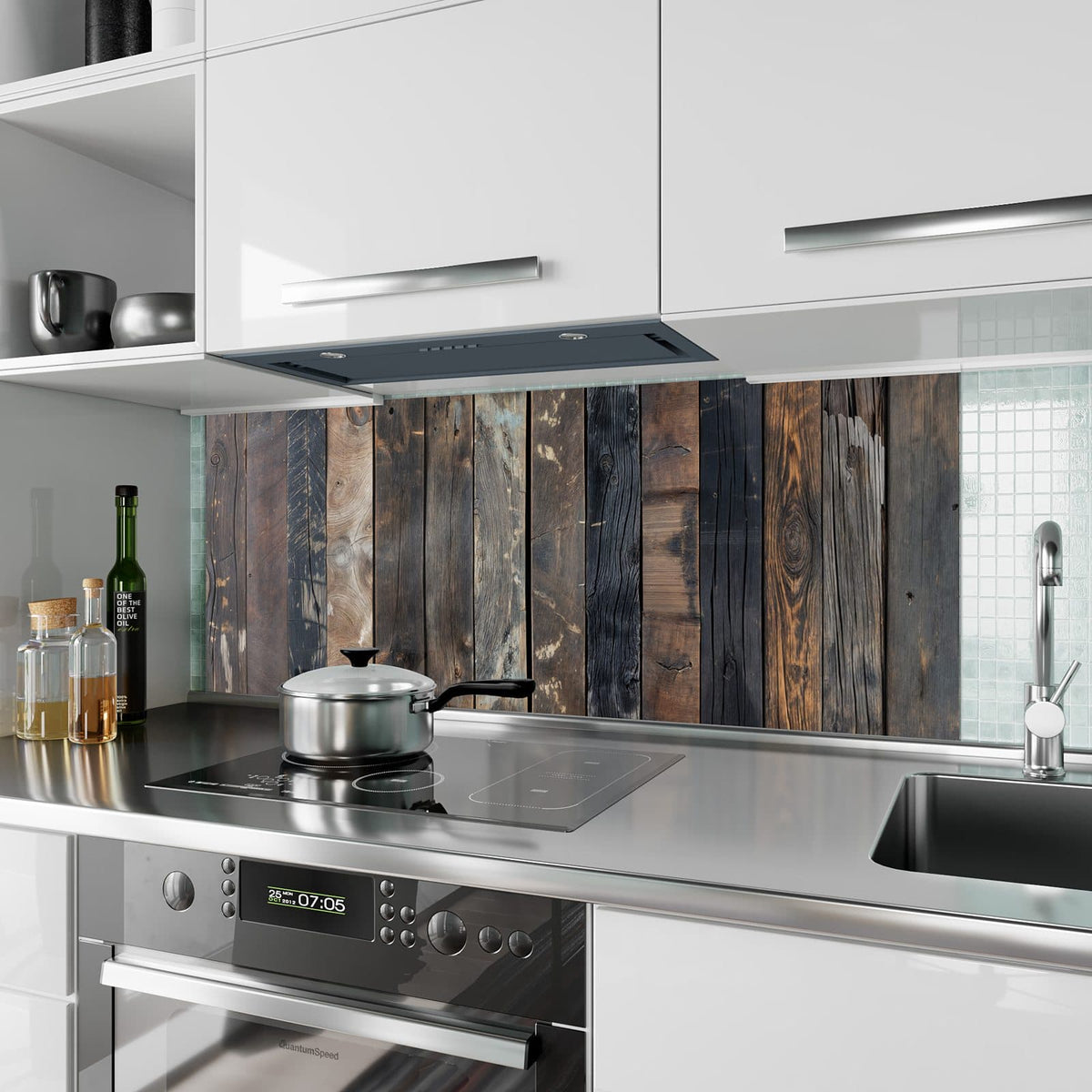 Küchenrückwand aus Glas Braune Holzdielen im Hochformat als Spritzschutz hinter dem Kochfeld, über dem Fliesenspiegel montiert
