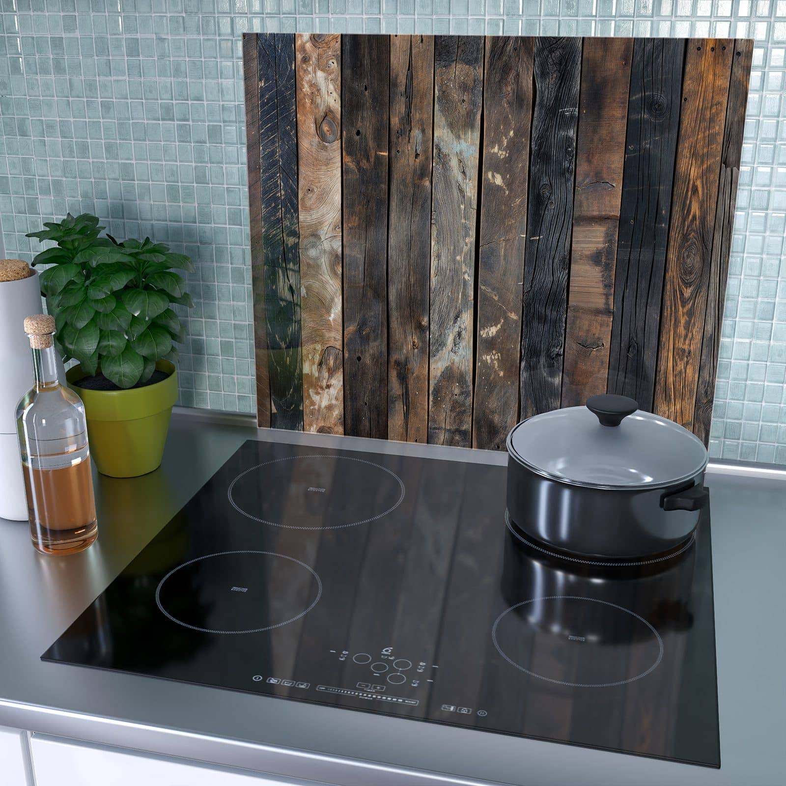 1-teilige Abdeckplatten für Ceranfeld mit Braune Holzdielen-Motiv als Spritzschutz hinter dem Kochfeld