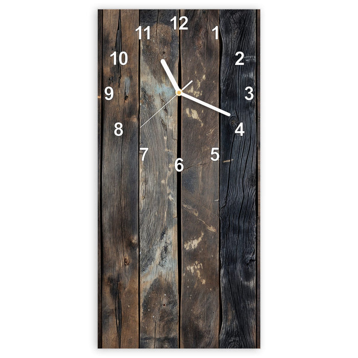 Wanduhr Braune Holzdielen aus Glas – Hochformat 30 × 60 cm mit Ziffernblatt Modern