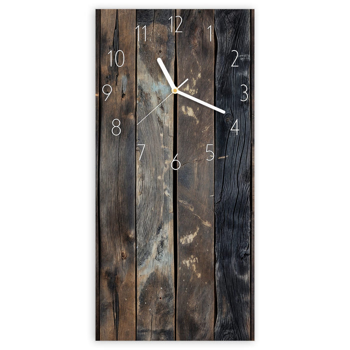 Wanduhr Braune Holzdielen aus Glas – Hochformat 30 × 60 cm mit Ziffernblatt Elegant