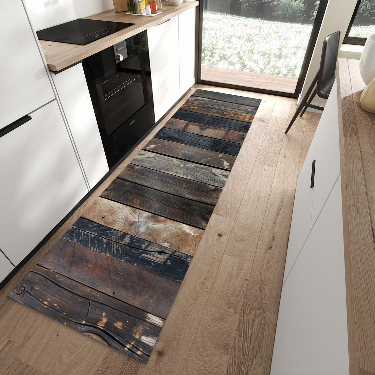 Flacher Küchenläufer mit Motiv Rustikale Holzplanken in moderner Küche