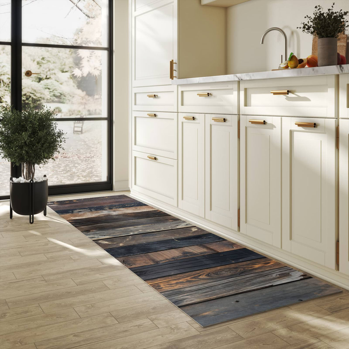 Rutschfester Küchenteppich mit Motiv Rustikale Holzplanken in heller Küche