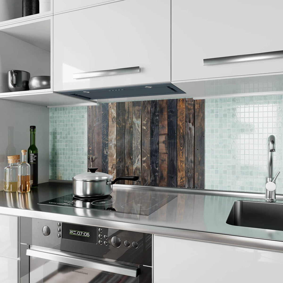 Küchenrückwand aus Glas Braune Holzdielen im Hochformat als Spritzschutz hinter dem Kochfeld, über dem Fliesenspiegel montiert