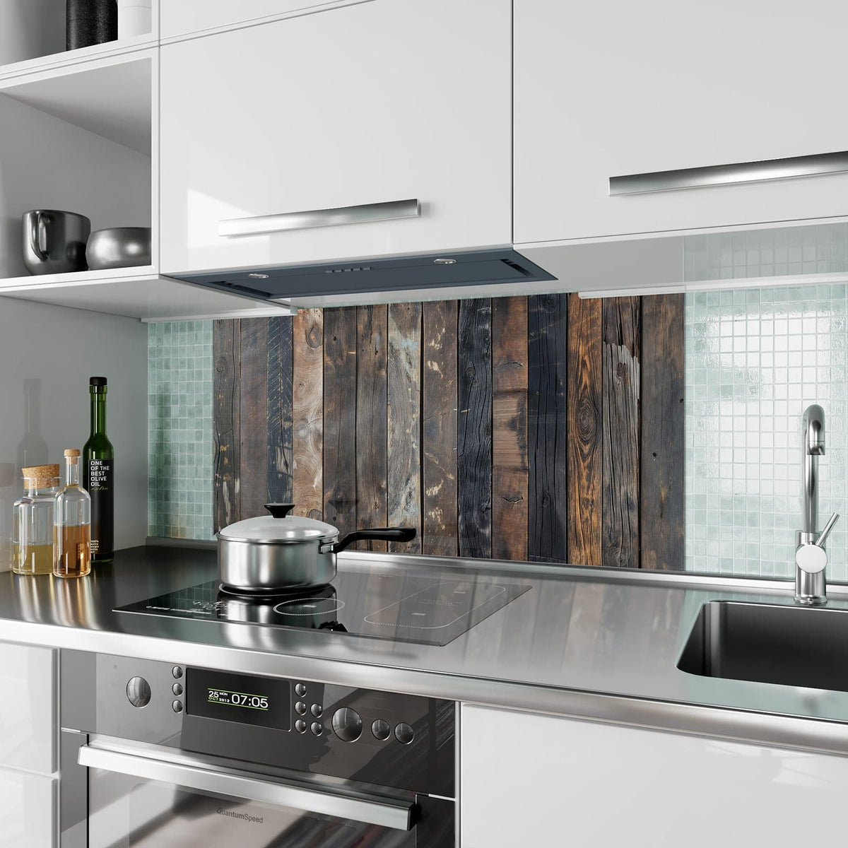 Küchenrückwand aus Glas Braune Holzdielen im Hochformat als Spritzschutz hinter dem Kochfeld, über dem Fliesenspiegel montiert