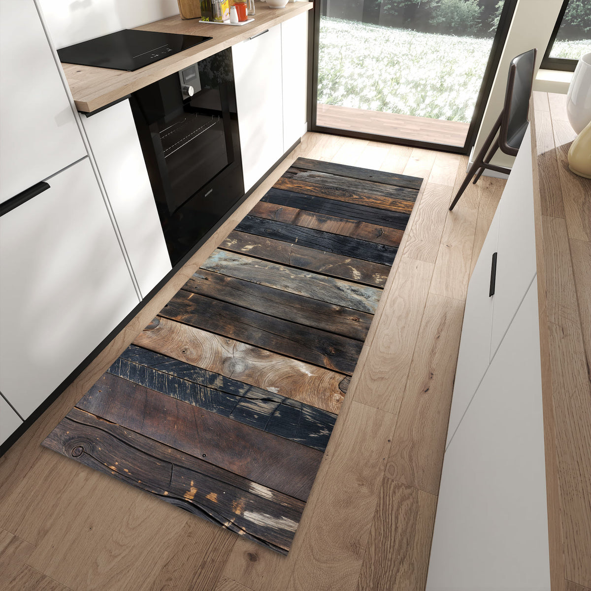Komfortabler Küchenteppich mit Motiv Rustikale Holzplanken in moderner Küche
