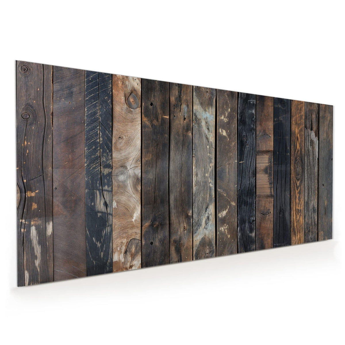 Küchenrückwand aus Glas im Hochformat mit Motiv Braune Holzdielen: Senkrechte alte Dielen von hellem Braun bis fast Schwarz mit Astlöchern und Rissen