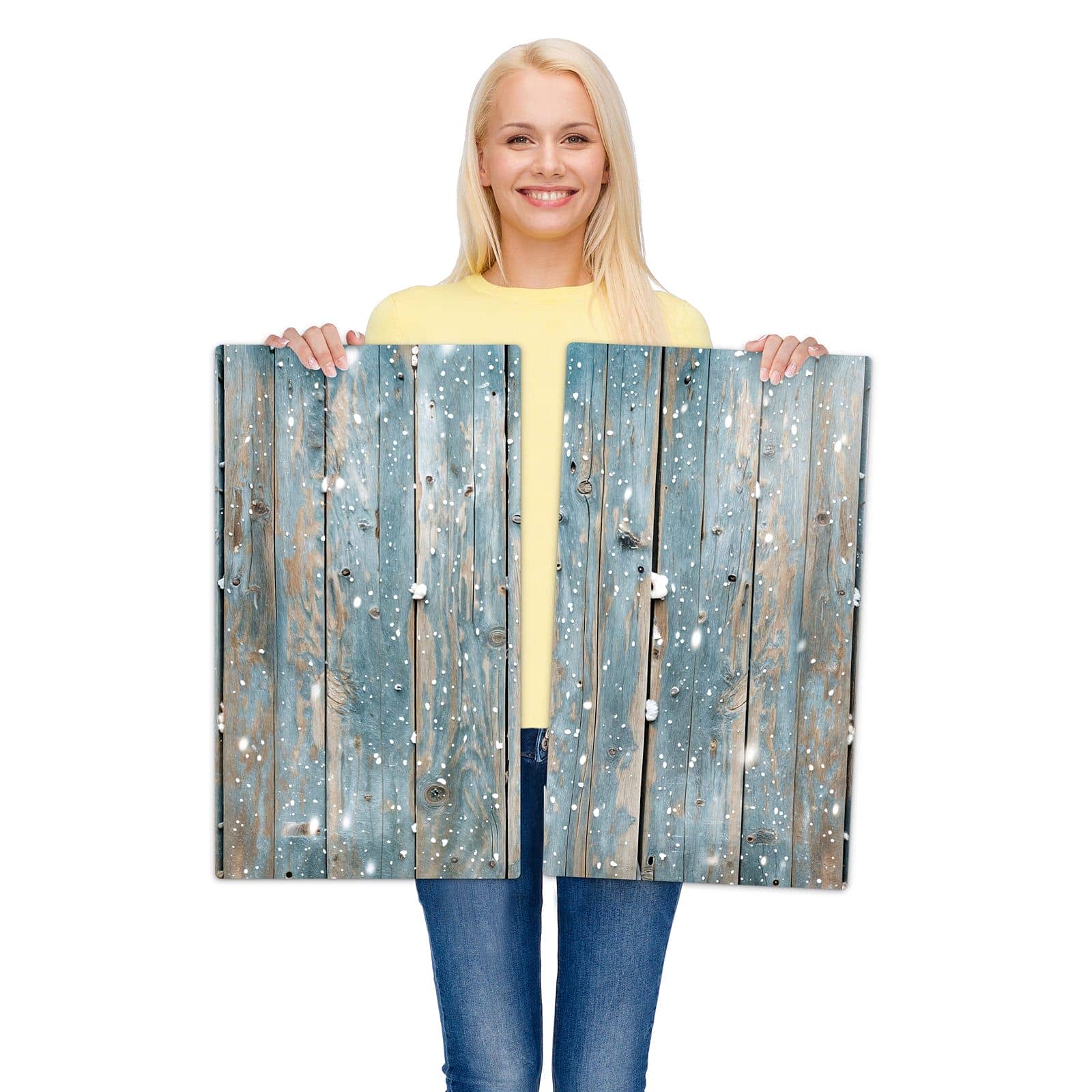 2-teilige Abdeckplatten für Herd mit Holz mit Schnee-Motiv wird zur Größendarstellung gehalten