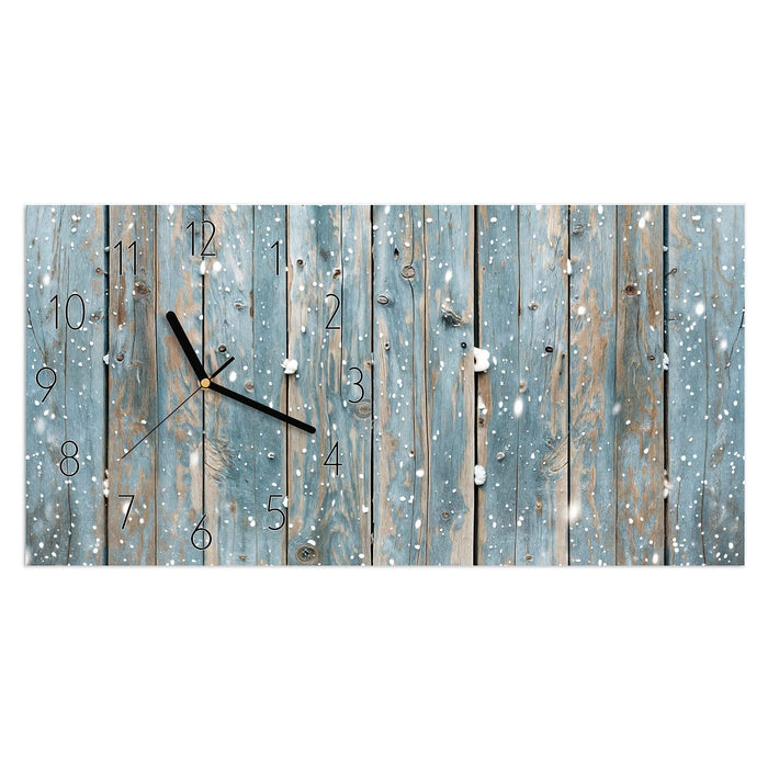 Wanduhr Holz mit Schnee aus Glas – Querformat 60 × 30 cm mit Ziffernblatt Elegant