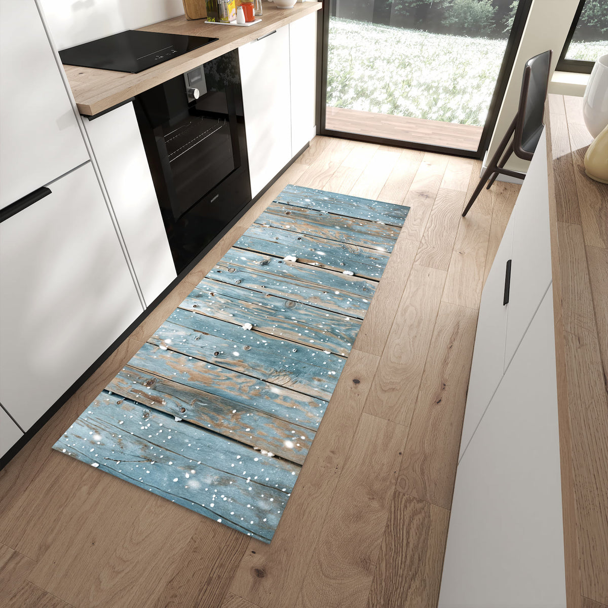 Ordnungsschaffender Küchenläufer mit Motiv Holz mit Schnee in moderner Küche