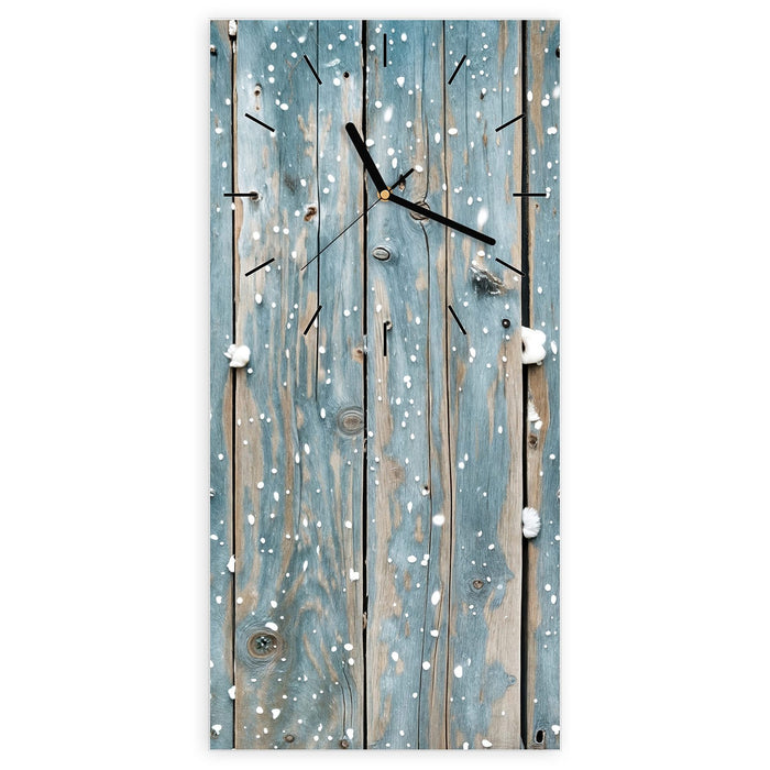 Wanduhr Holz mit Schnee aus Glas – Hochformat 30 × 60 cm mit Ziffernblatt Linie