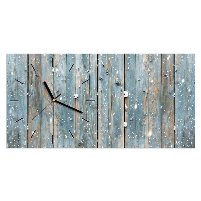 Wanduhr Holz mit Schnee aus Glas – Querformat 60 × 30 cm mit Ziffernblatt Linie