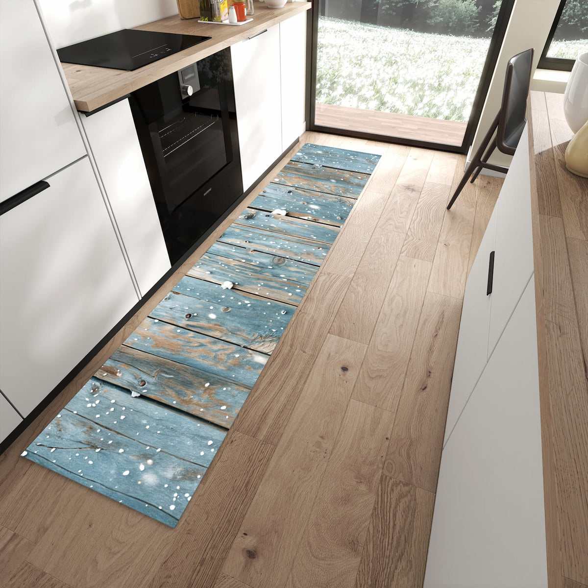 Rutschfester Küchenläufer mit Motiv Holz mit Schnee in moderner Küche
