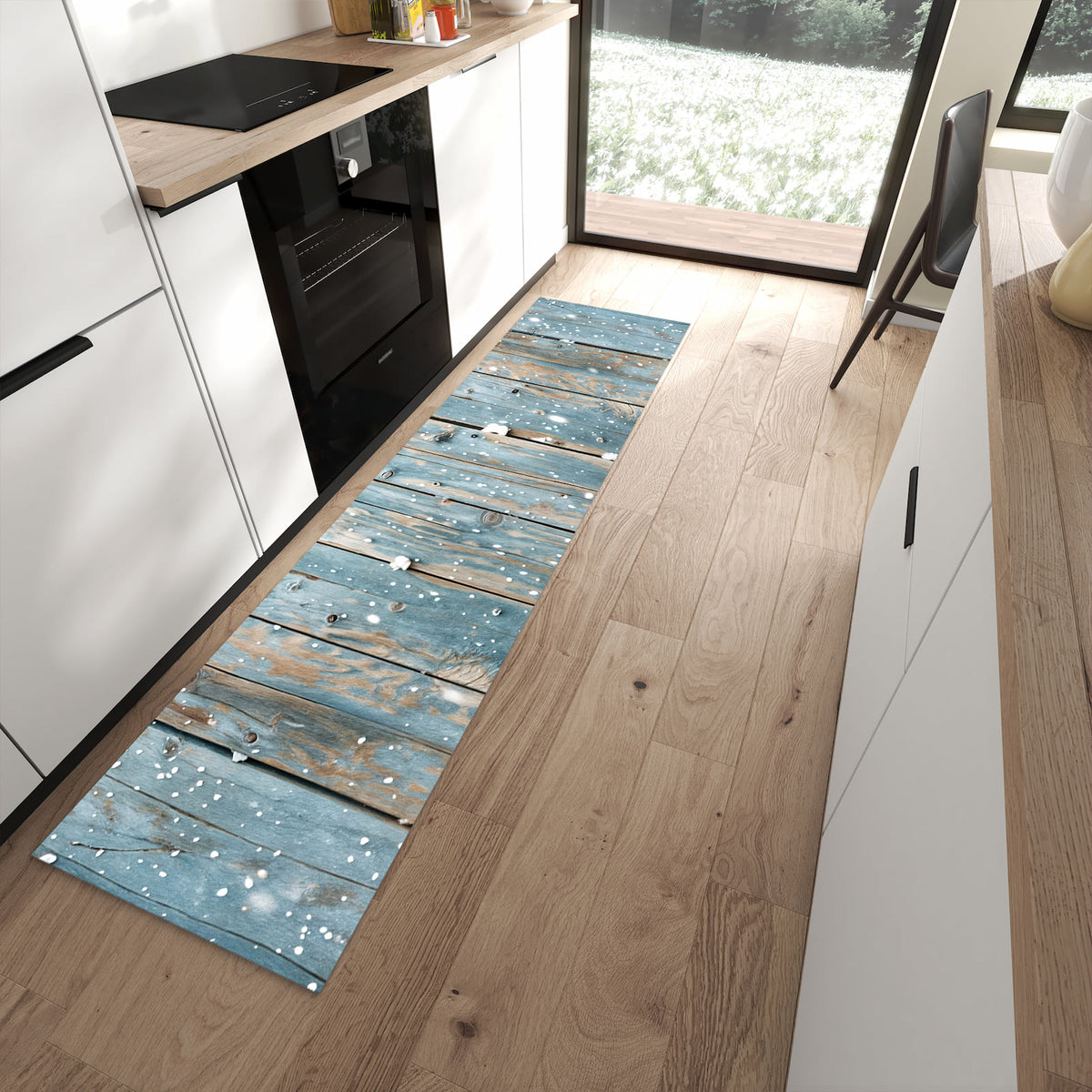 Langlebiger rutschfester Küchenläufer mit Motiv Holz mit Schnee in moderner Küche