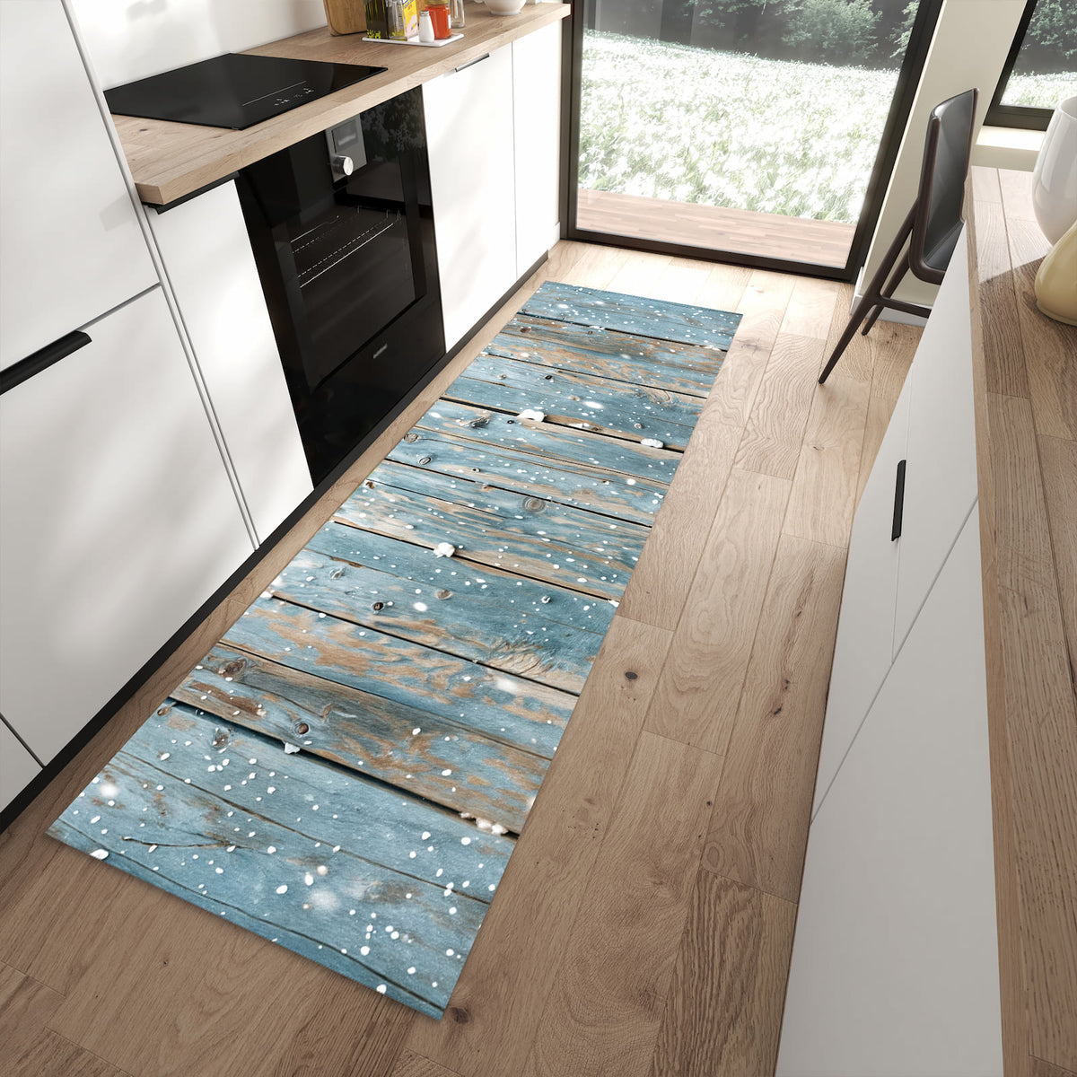 Bodenschonender Küchenläufer nach Maß mit Motiv Holz mit Schnee in moderner Küche