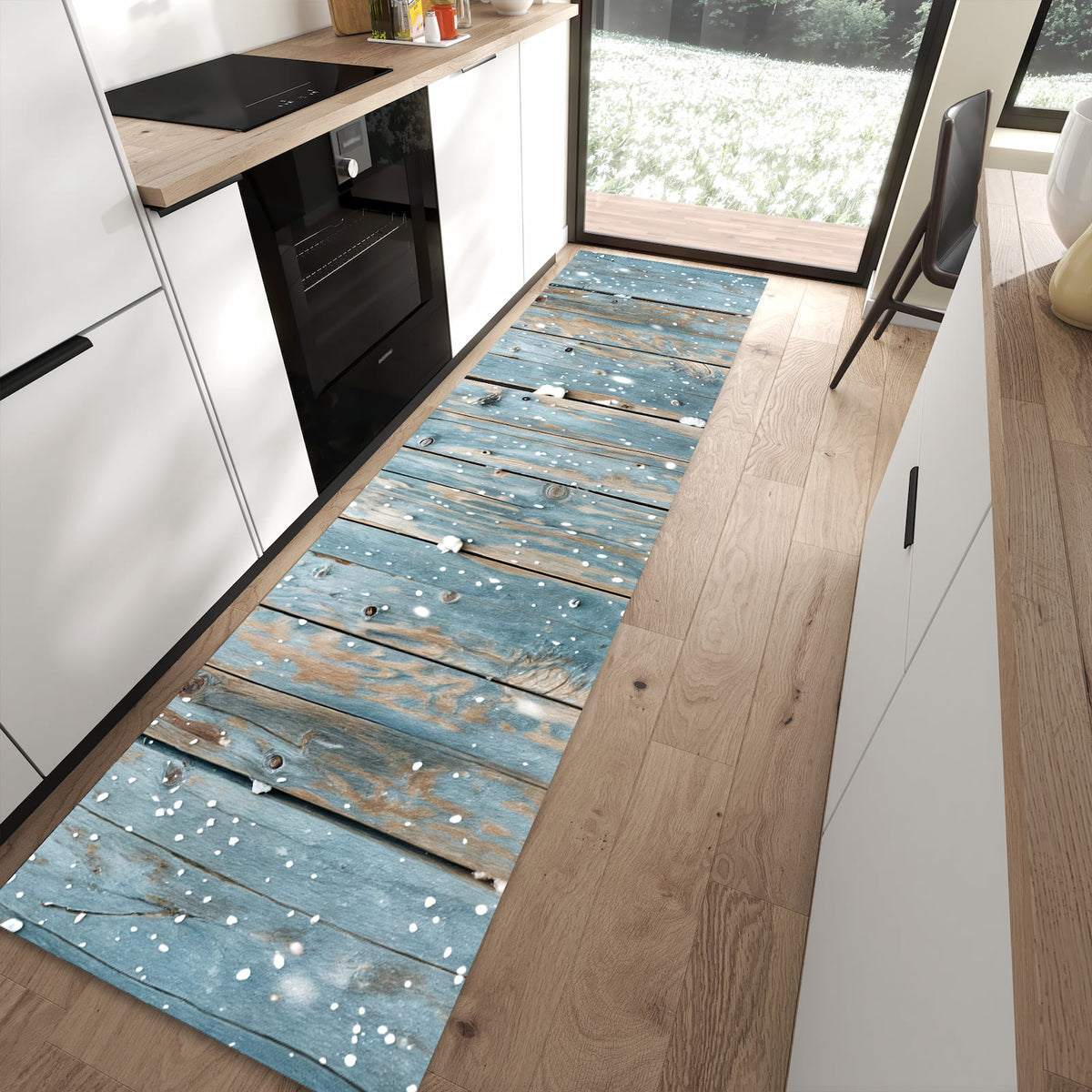 Formstabiler Küchenläufer mit Motiv Holz mit Schnee in moderner Küche