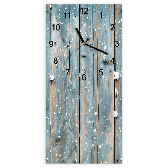 Wanduhr Holz mit Schnee aus Glas – Hochformat 30 × 60 cm mit Ziffernblatt Modern