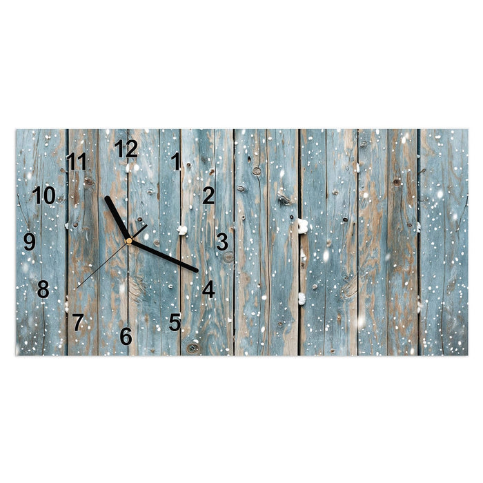 Wanduhr Holz mit Schnee aus Glas – Querformat 60 × 30 cm mit Ziffernblatt Modern