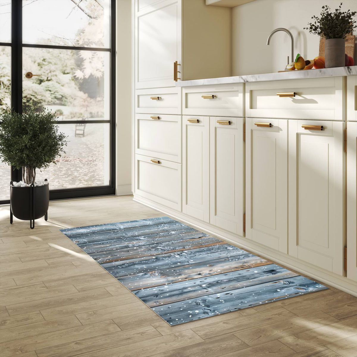 Bodenschonender großer Küchenteppich mit Motiv Winter Holzpaneele in heller Küche