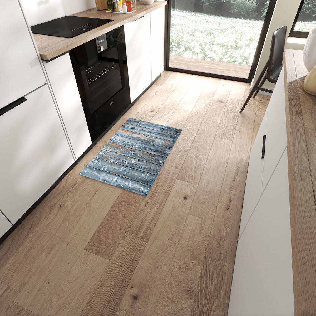 Langlebiger Küchenteppich mit Motiv Winter Holzpaneele in moderner Küche